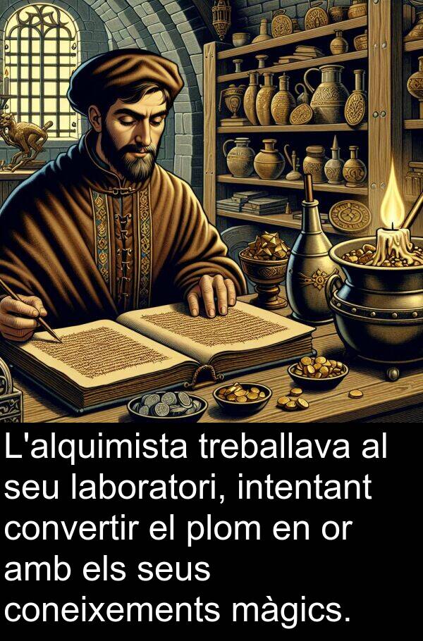 intentant: L'alquimista treballava al seu laboratori, intentant convertir el plom en or amb els seus coneixements màgics.