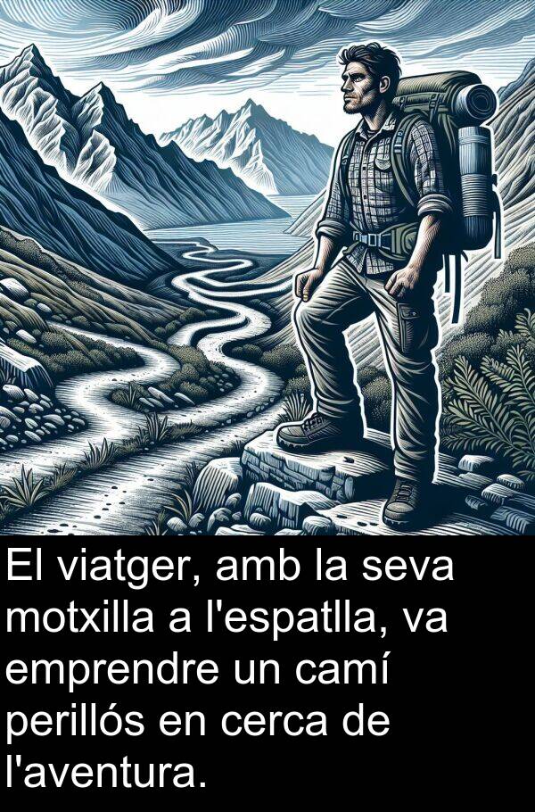 viatger: El viatger, amb la seva motxilla a l'espatlla, va emprendre un camí perillós en cerca de l'aventura.