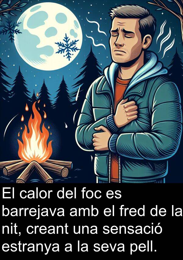 fred: El calor del foc es barrejava amb el fred de la nit, creant una sensació estranya a la seva pell.