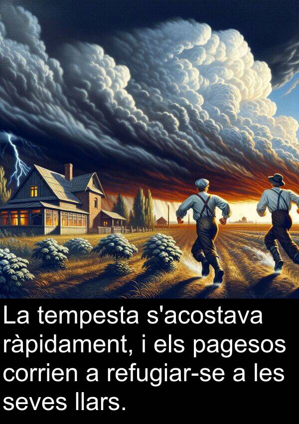 tempesta: La tempesta s'acostava ràpidament, i els pagesos corrien a refugiar-se a les seves llars.