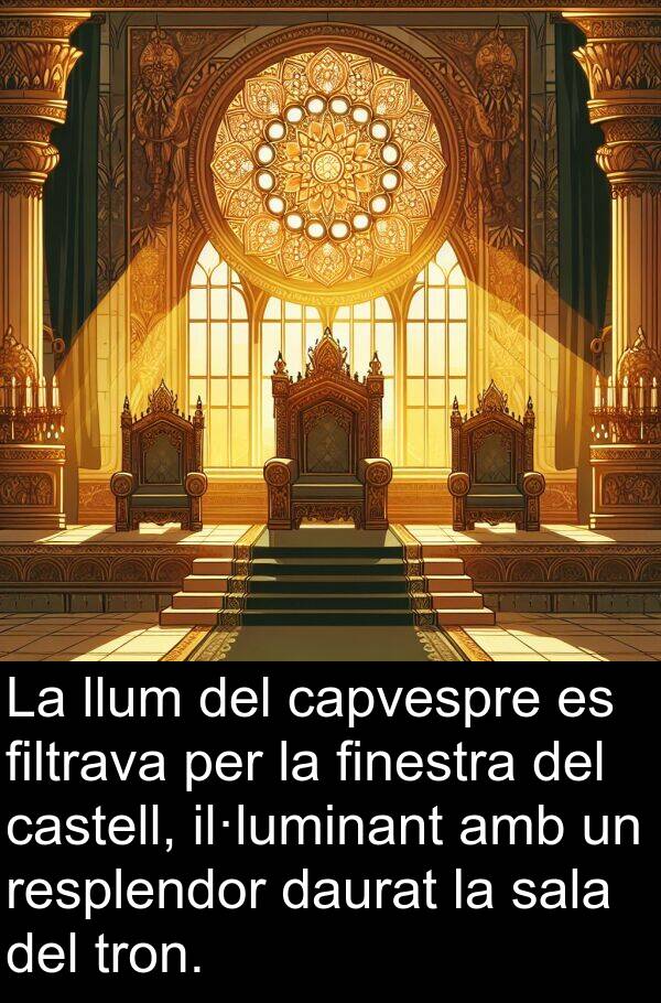 castell: La llum del capvespre es filtrava per la finestra del castell, il·luminant amb un resplendor daurat la sala del tron.