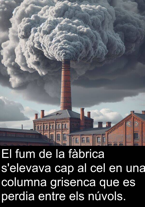 núvols: El fum de la fàbrica s'elevava cap al cel en una columna grisenca que es perdia entre els núvols.