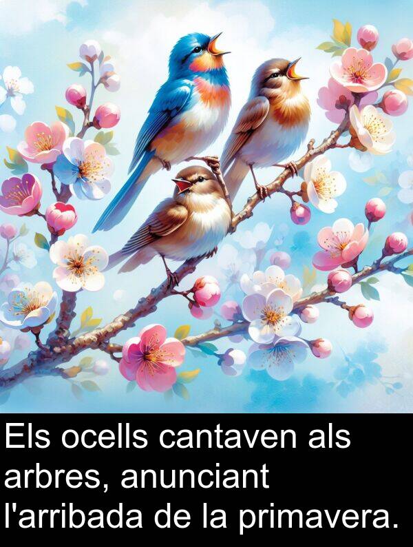 cantaven: Els ocells cantaven als arbres, anunciant l'arribada de la primavera.