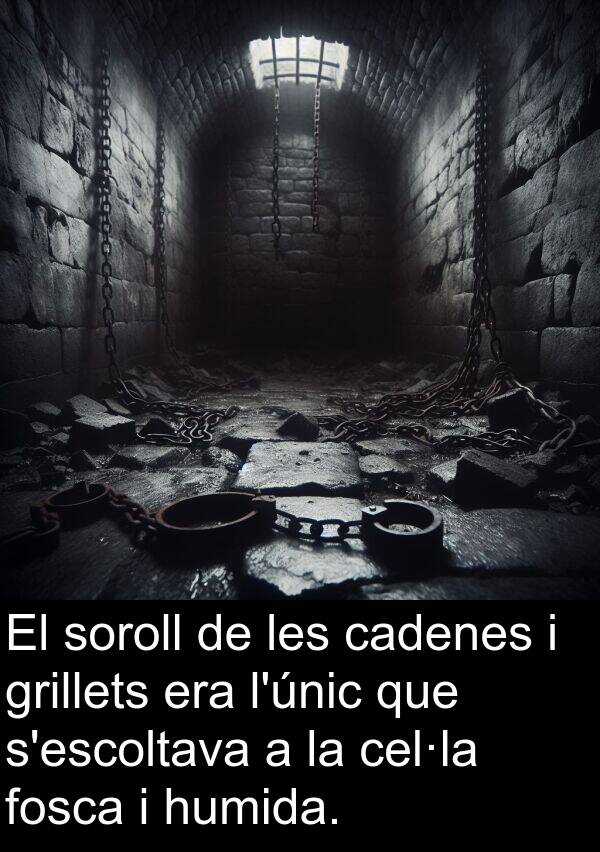 cel·la: El soroll de les cadenes i grillets era l'únic que s'escoltava a la cel·la fosca i humida.