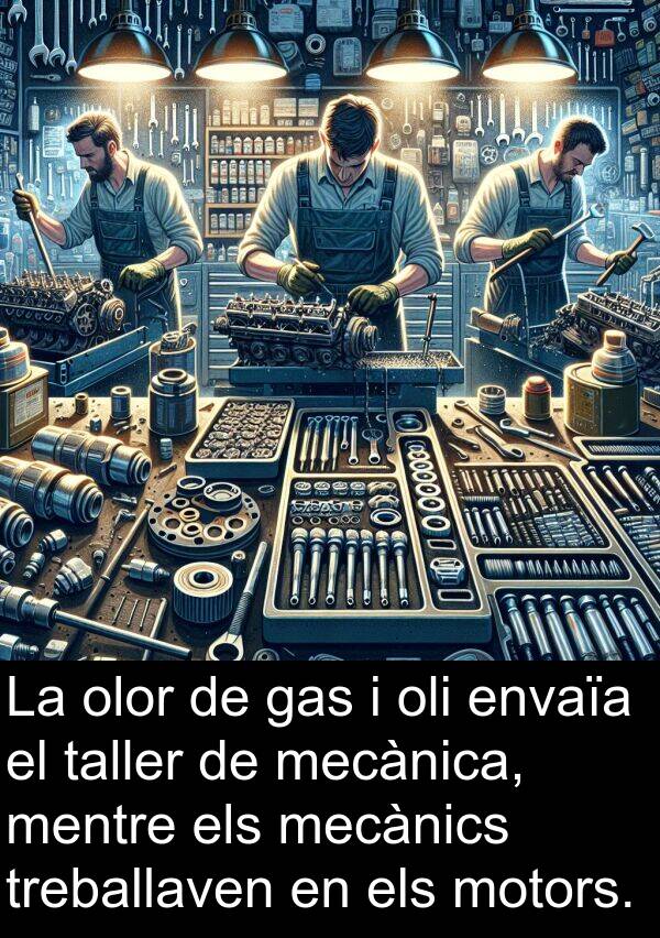 oli: La olor de gas i oli envaïa el taller de mecànica, mentre els mecànics treballaven en els motors.