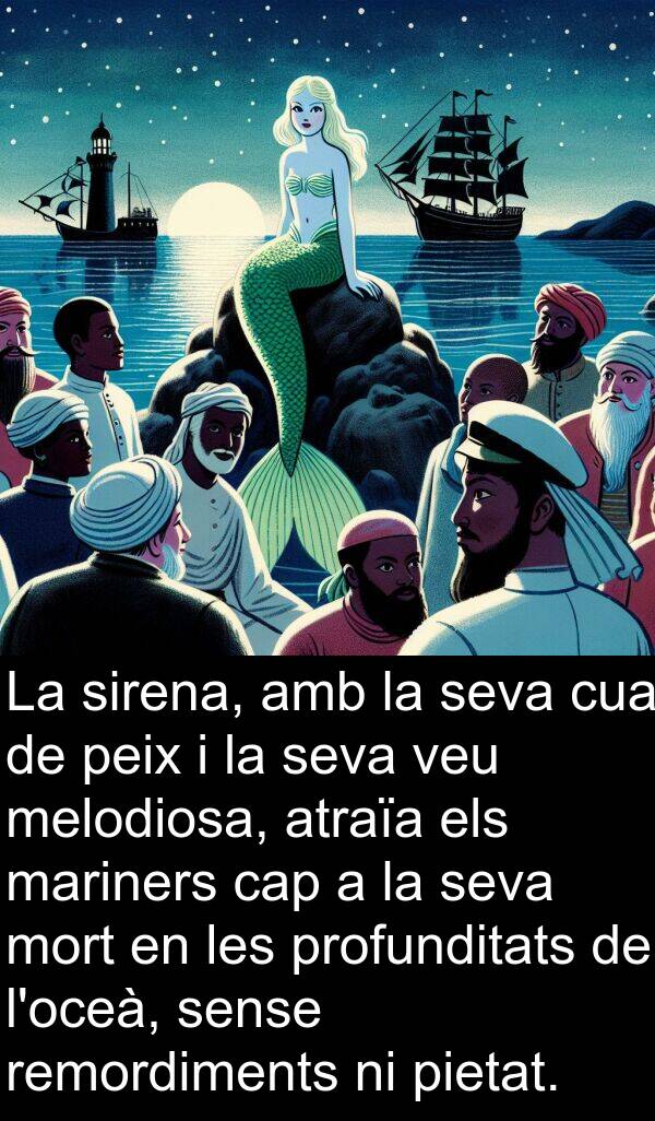 mort: La sirena, amb la seva cua de peix i la seva veu melodiosa, atraïa els mariners cap a la seva mort en les profunditats de l'oceà, sense remordiments ni pietat.