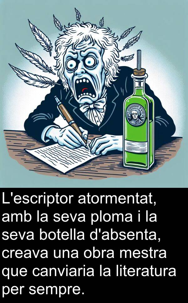 canviaria: L'escriptor atormentat, amb la seva ploma i la seva botella d'absenta, creava una obra mestra que canviaria la literatura per sempre.