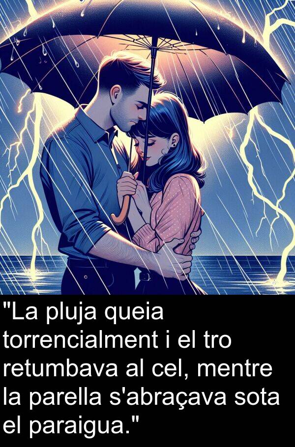 torrencialment: "La pluja queia torrencialment i el tro retumbava al cel, mentre la parella s'abraçava sota el paraigua."