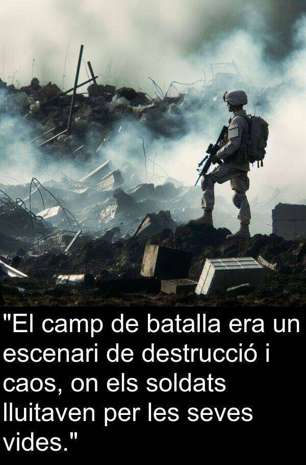 soldats: "El camp de batalla era un escenari de destrucció i caos, on els soldats lluitaven per les seves vides."