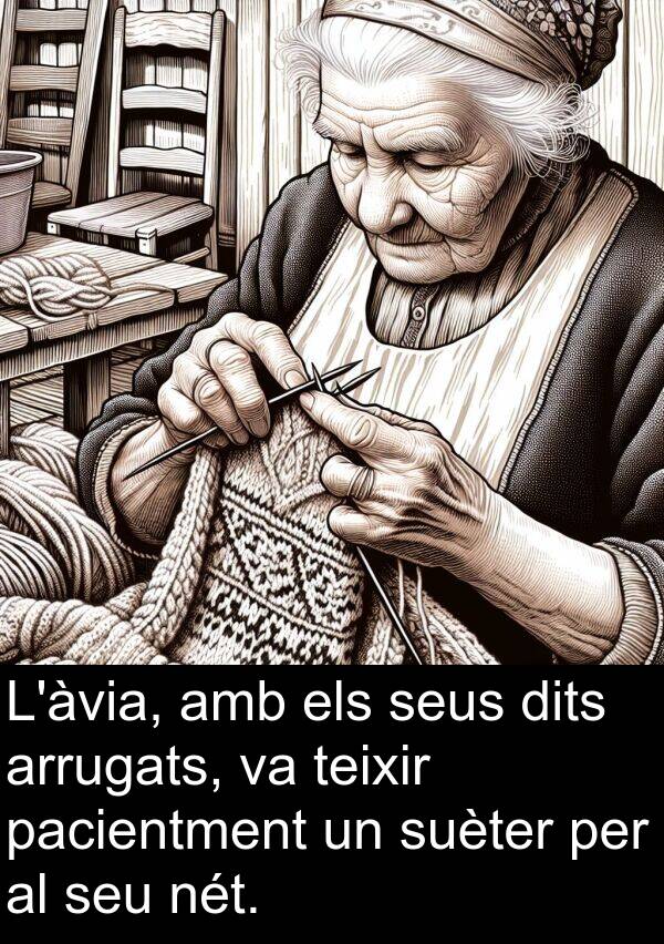 teixir: L'àvia, amb els seus dits arrugats, va teixir pacientment un suèter per al seu nét.