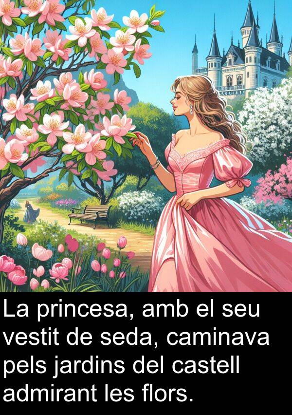 admirant: La princesa, amb el seu vestit de seda, caminava pels jardins del castell admirant les flors.