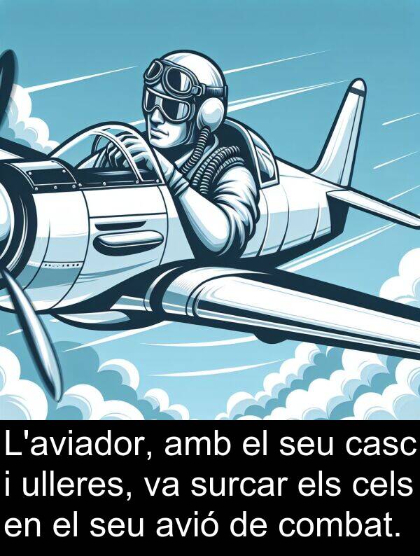 ulleres: L'aviador, amb el seu casc i ulleres, va surcar els cels en el seu avió de combat.