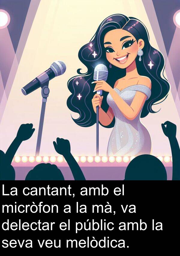 cantant: La cantant, amb el micròfon a la mà, va delectar el públic amb la seva veu melòdica.