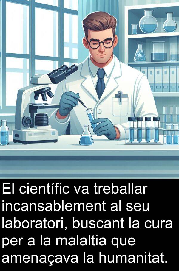 malaltia: El científic va treballar incansablement al seu laboratori, buscant la cura per a la malaltia que amenaçava la humanitat.