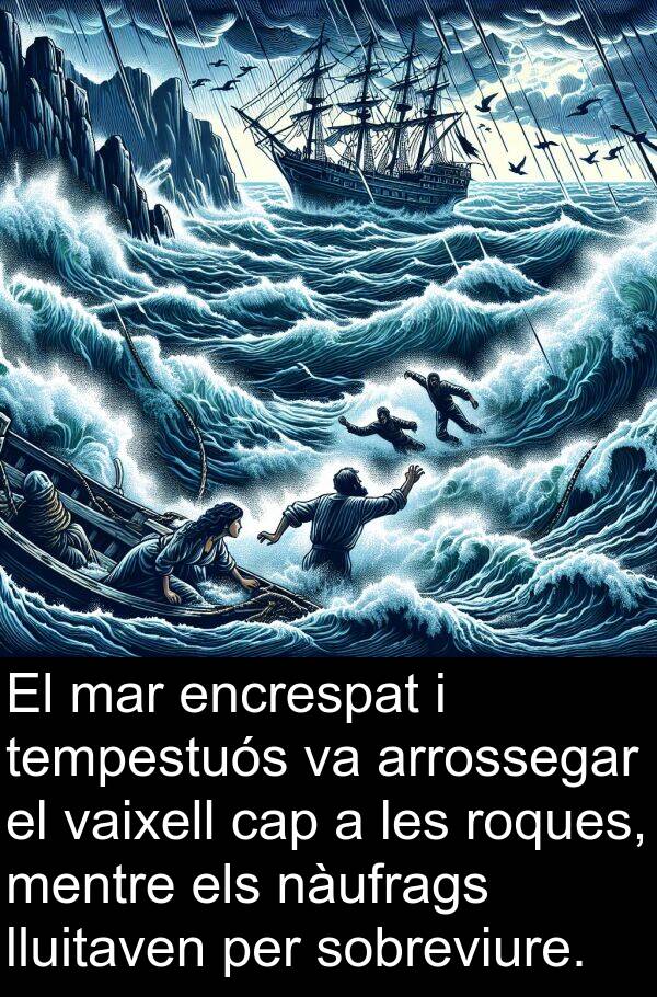 nàufrags: El mar encrespat i tempestuós va arrossegar el vaixell cap a les roques, mentre els nàufrags lluitaven per sobreviure.