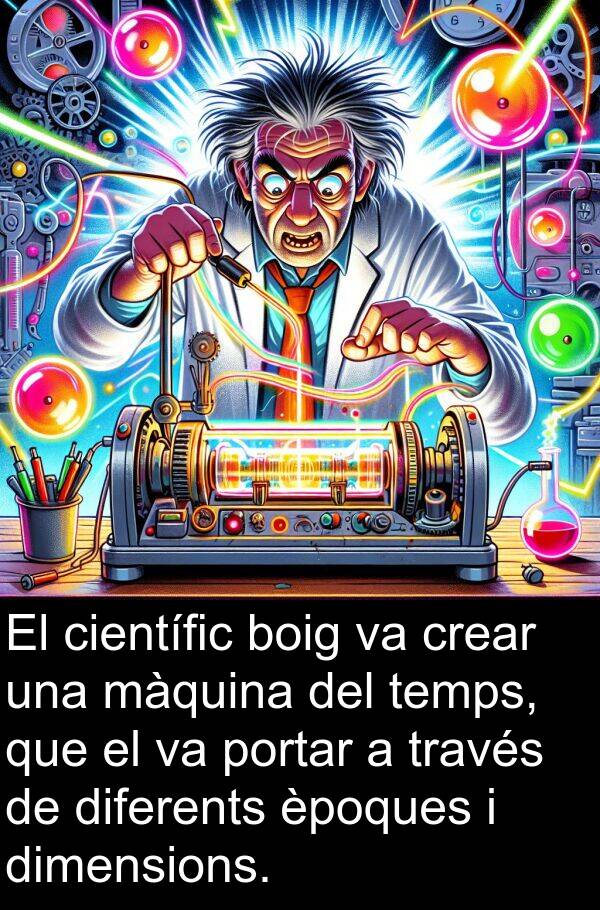 portar: El científic boig va crear una màquina del temps, que el va portar a través de diferents èpoques i dimensions.