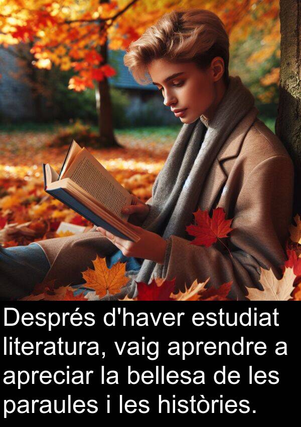 històries: Després d'haver estudiat literatura, vaig aprendre a apreciar la bellesa de les paraules i les històries.