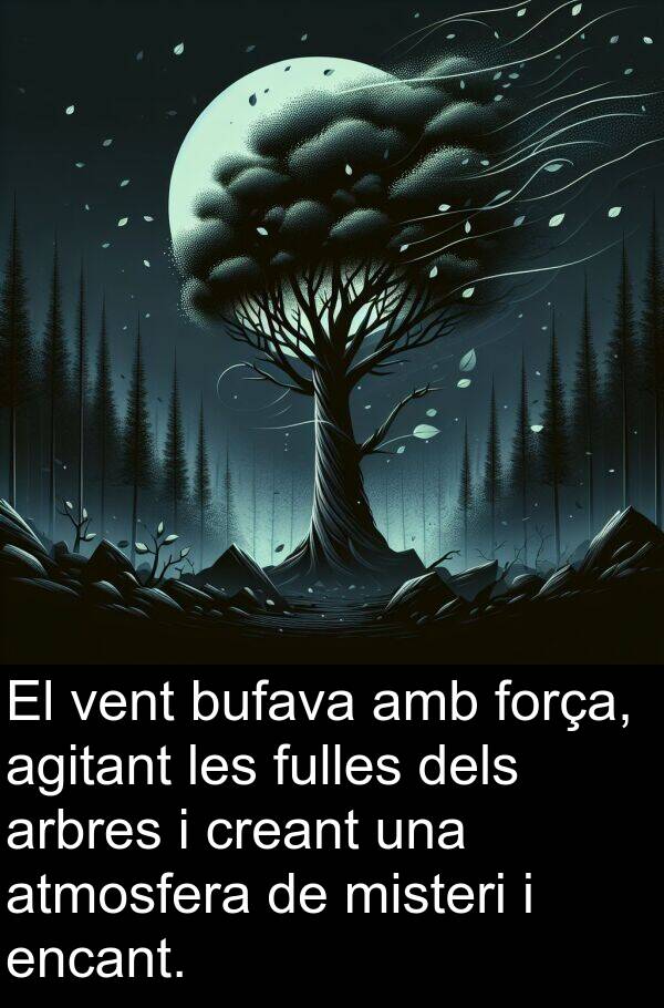 força: El vent bufava amb força, agitant les fulles dels arbres i creant una atmosfera de misteri i encant.