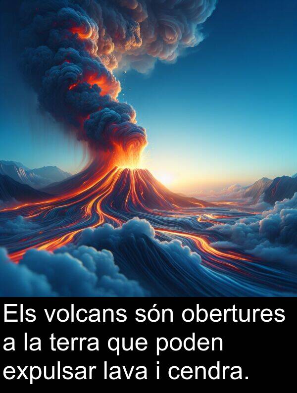 poden: Els volcans són obertures a la terra que poden expulsar lava i cendra.