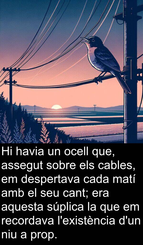 cables: Hi havia un ocell que, assegut sobre els cables, em despertava cada matí amb el seu cant; era aquesta súplica la que em recordava l'existència d'un niu a prop.