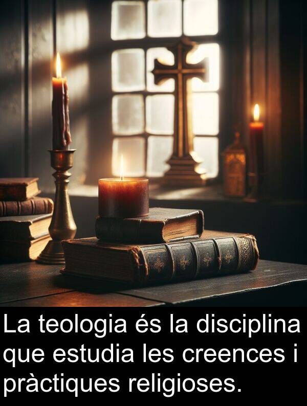 disciplina: La teologia és la disciplina que estudia les creences i pràctiques religioses.