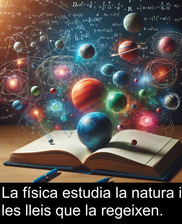 física: La física estudia la natura i les lleis que la regeixen.