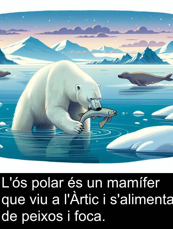 polar: L'ós polar és un mamífer que viu a l'Àrtic i s'alimenta de peixos i foca.