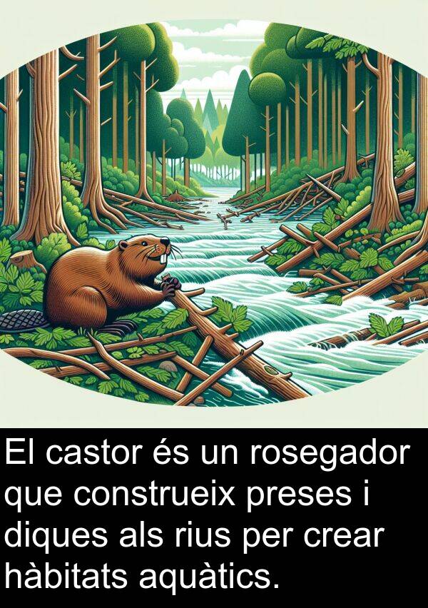 hàbitats: El castor és un rosegador que construeix preses i diques als rius per crear hàbitats aquàtics.