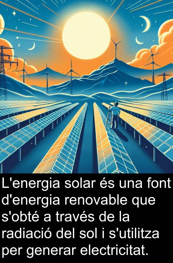 radiació: L'energia solar és una font d'energia renovable que s'obté a través de la radiació del sol i s'utilitza per generar electricitat.