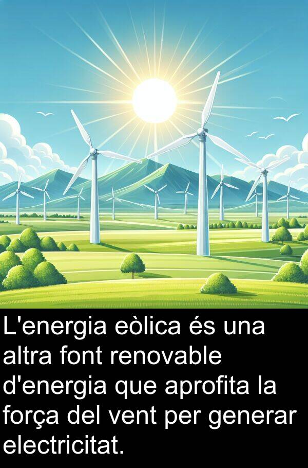 força: L'energia eòlica és una altra font renovable d'energia que aprofita la força del vent per generar electricitat.