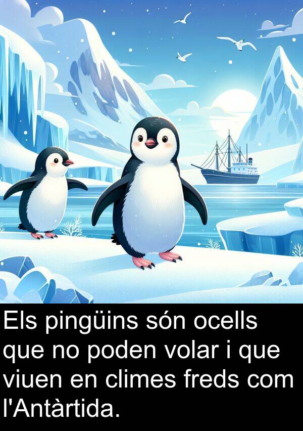 poden: Els pingüins són ocells que no poden volar i que viuen en climes freds com l'Antàrtida.