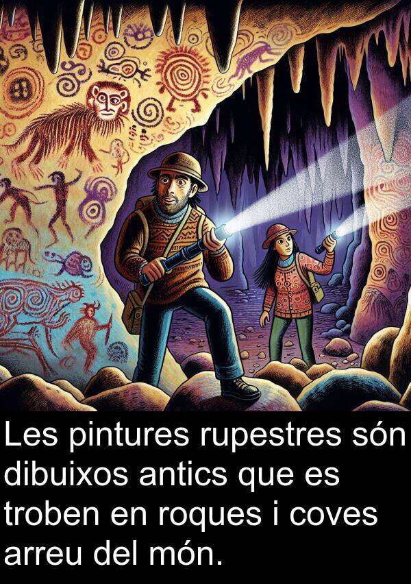 arreu: Les pintures rupestres són dibuixos antics que es troben en roques i coves arreu del món.