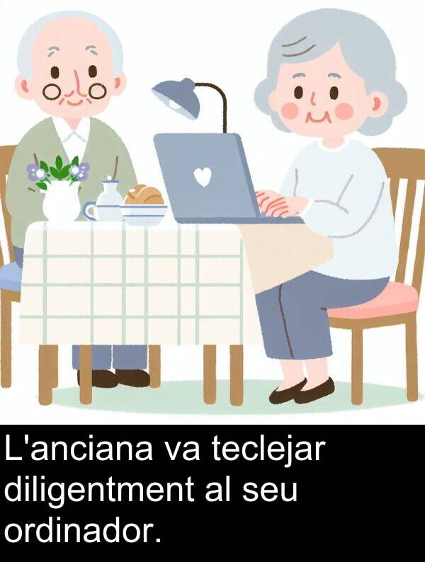teclejar: L'anciana va teclejar diligentment al seu ordinador.