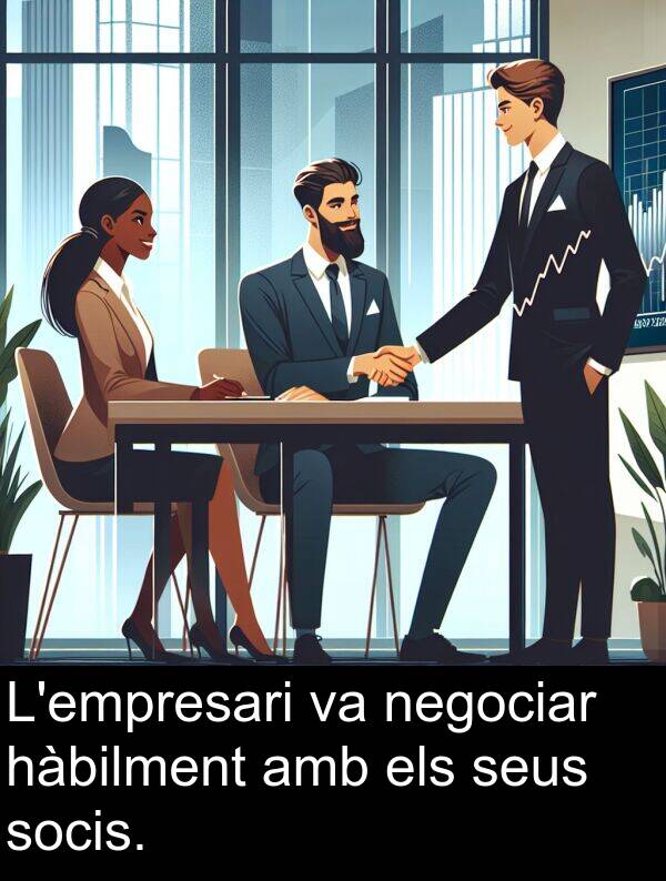 hàbilment: L'empresari va negociar hàbilment amb els seus socis.