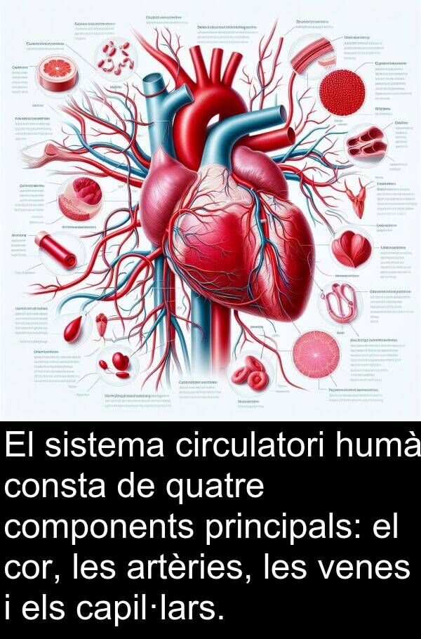venes: El sistema circulatori humà consta de quatre components principals: el cor, les artèries, les venes i els capil·lars.