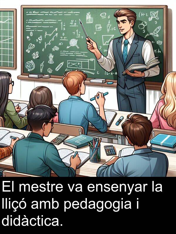 mestre: El mestre va ensenyar la lliçó amb pedagogia i didàctica.