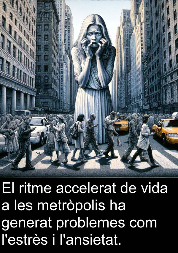 generat: El ritme accelerat de vida a les metròpolis ha generat problemes com l'estrès i l'ansietat.