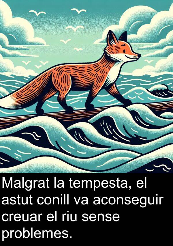 tempesta: Malgrat la tempesta, el astut conill va aconseguir creuar el riu sense problemes.
