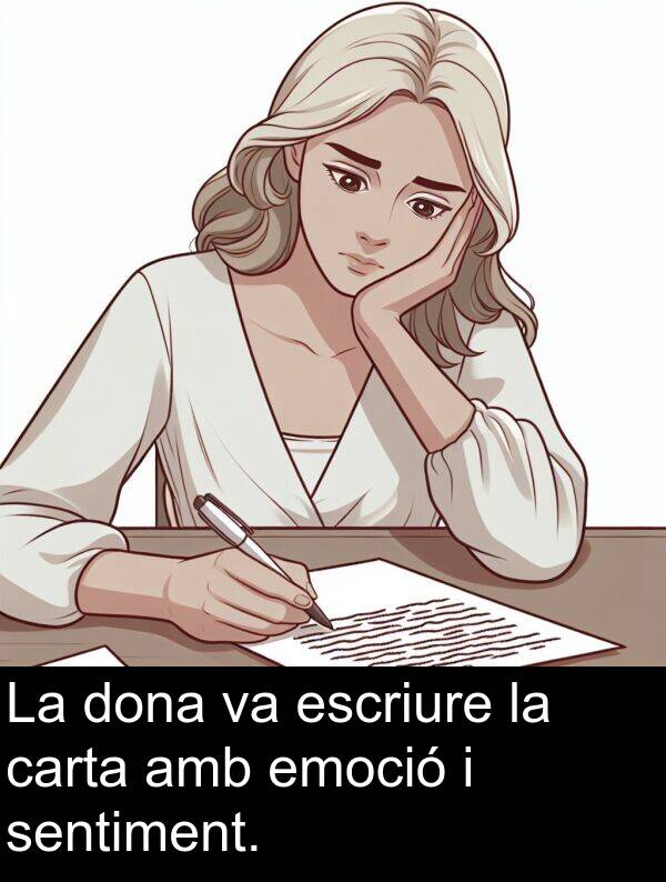 escriure: La dona va escriure la carta amb emoció i sentiment.