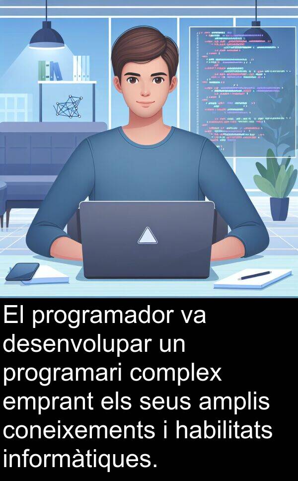 informàtiques: El programador va desenvolupar un programari complex emprant els seus amplis coneixements i habilitats informàtiques.