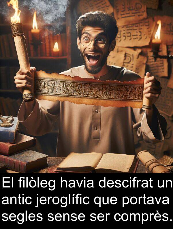 filòleg: El filòleg havia descifrat un antic jeroglífic que portava segles sense ser comprès.