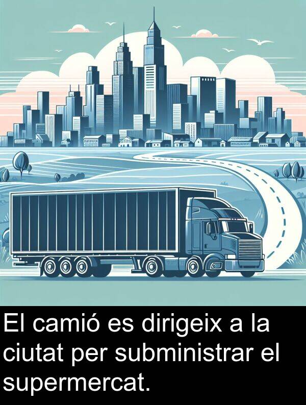 dirigeix: El camió es dirigeix a la ciutat per subministrar el supermercat.