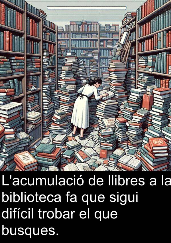 llibres: L'acumulació de llibres a la biblioteca fa que sigui difícil trobar el que busques.