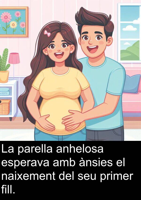 naixement: La parella anhelosa esperava amb ànsies el naixement del seu primer fill.