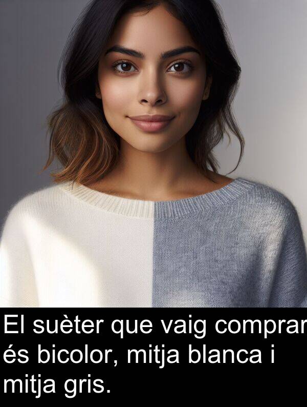 blanca: El suèter que vaig comprar és bicolor, mitja blanca i mitja gris.