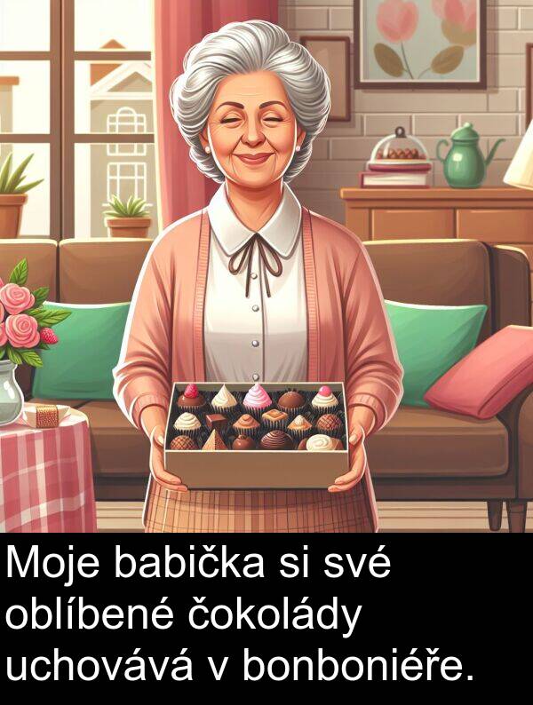 čokolády: Moje babička si své oblíbené čokolády uchovává v bonboniéře.