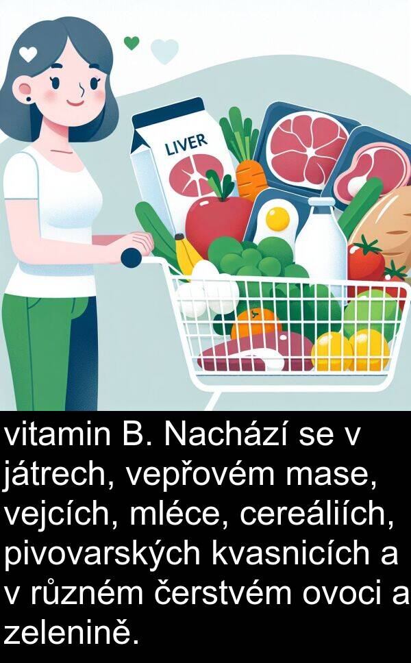cereáliích: vitamin B. Nachází se v játrech, vepřovém mase, vejcích, mléce, cereáliích, pivovarských kvasnicích a v různém čerstvém ovoci a zelenině.