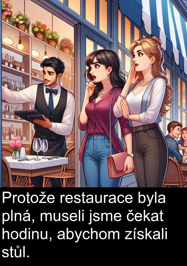 čekat: Protože restaurace byla plná, museli jsme čekat hodinu, abychom získali stůl.