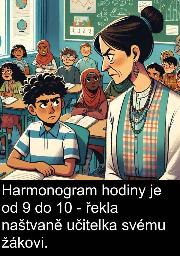 učitelka: Harmonogram hodiny je od 9 do 10 - řekla naštvaně učitelka svému žákovi.