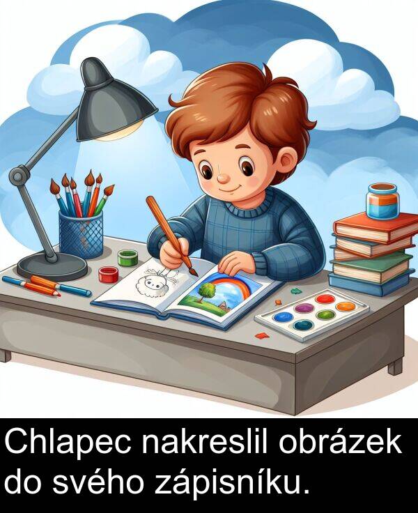 svého: Chlapec nakreslil obrázek do svého zápisníku.